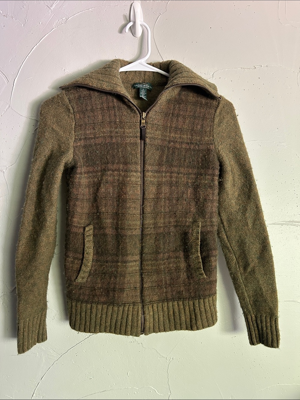 Ralph Lauren Lambswool Olive Plaid-Panel Zip Front Sweater